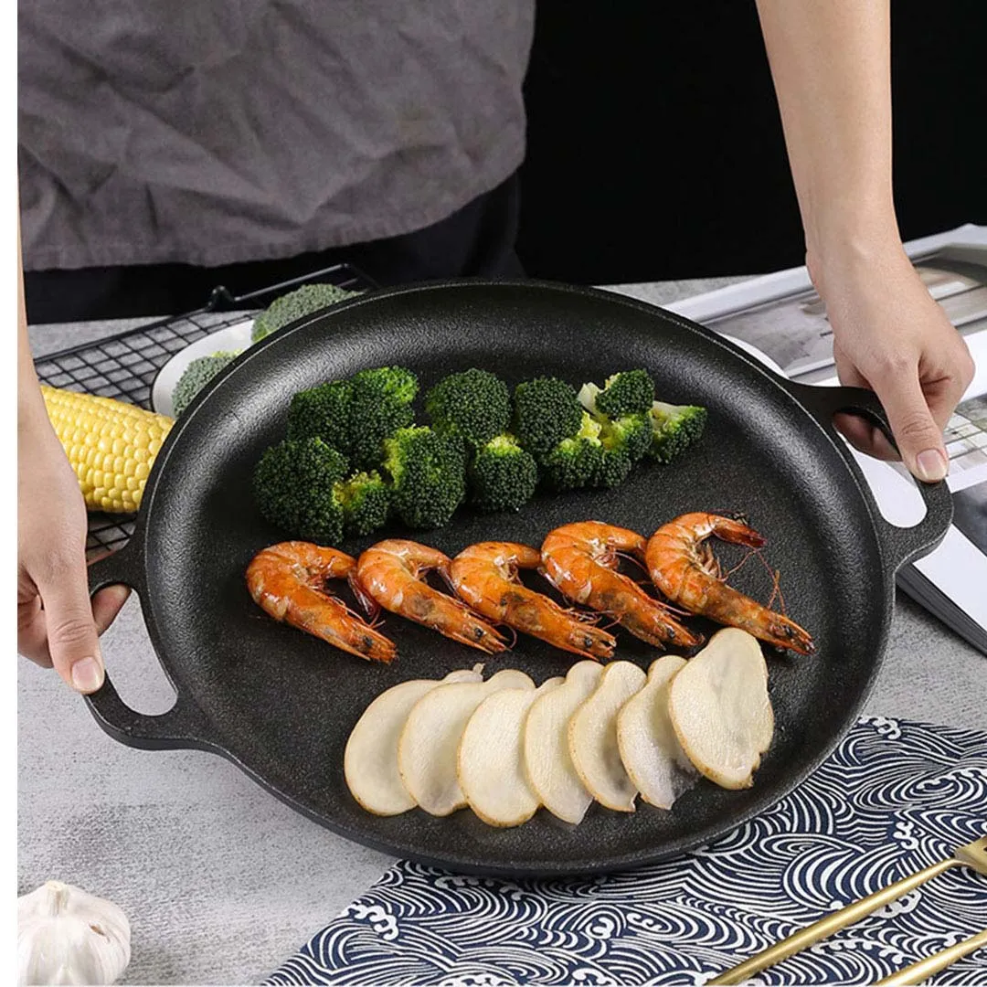 2X Cast Iron 35cm Frying Pan Skillet Coating Steak Sizzle Platter - Premium