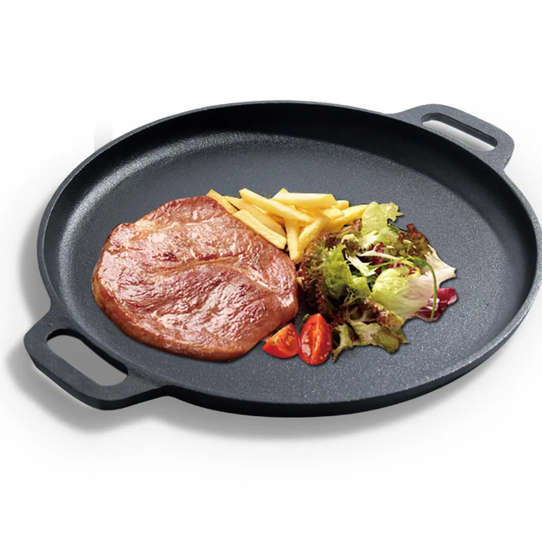 2X Cast Iron 35cm Frying Pan Skillet Coating Steak Sizzle Platter - Premium