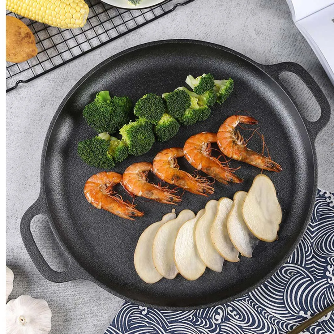2X Cast Iron 35cm Frying Pan Skillet Coating Steak Sizzle Platter - Premium