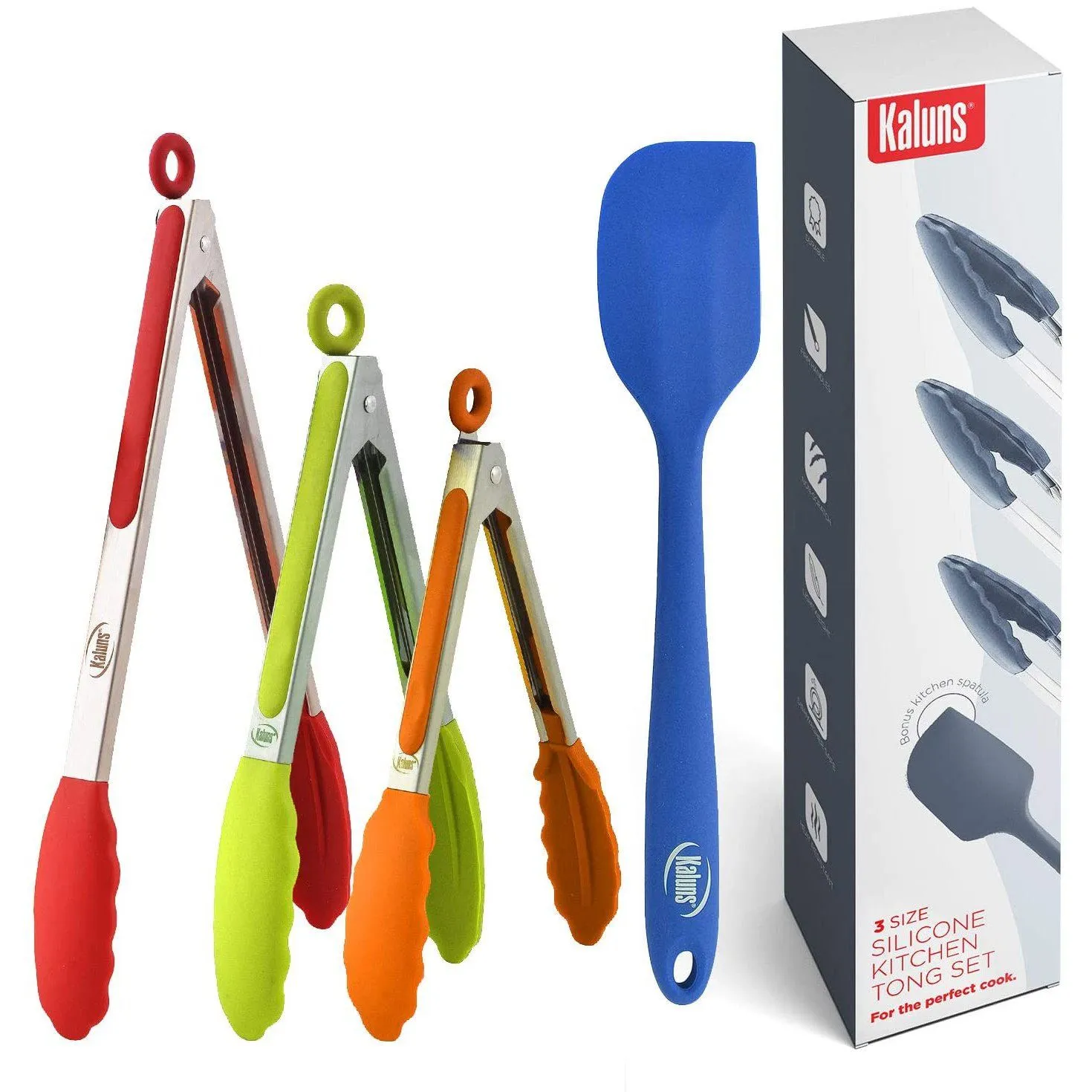 4-Pack: Kaluns Kitchen Tongs for Cooking with Silicone Spatula