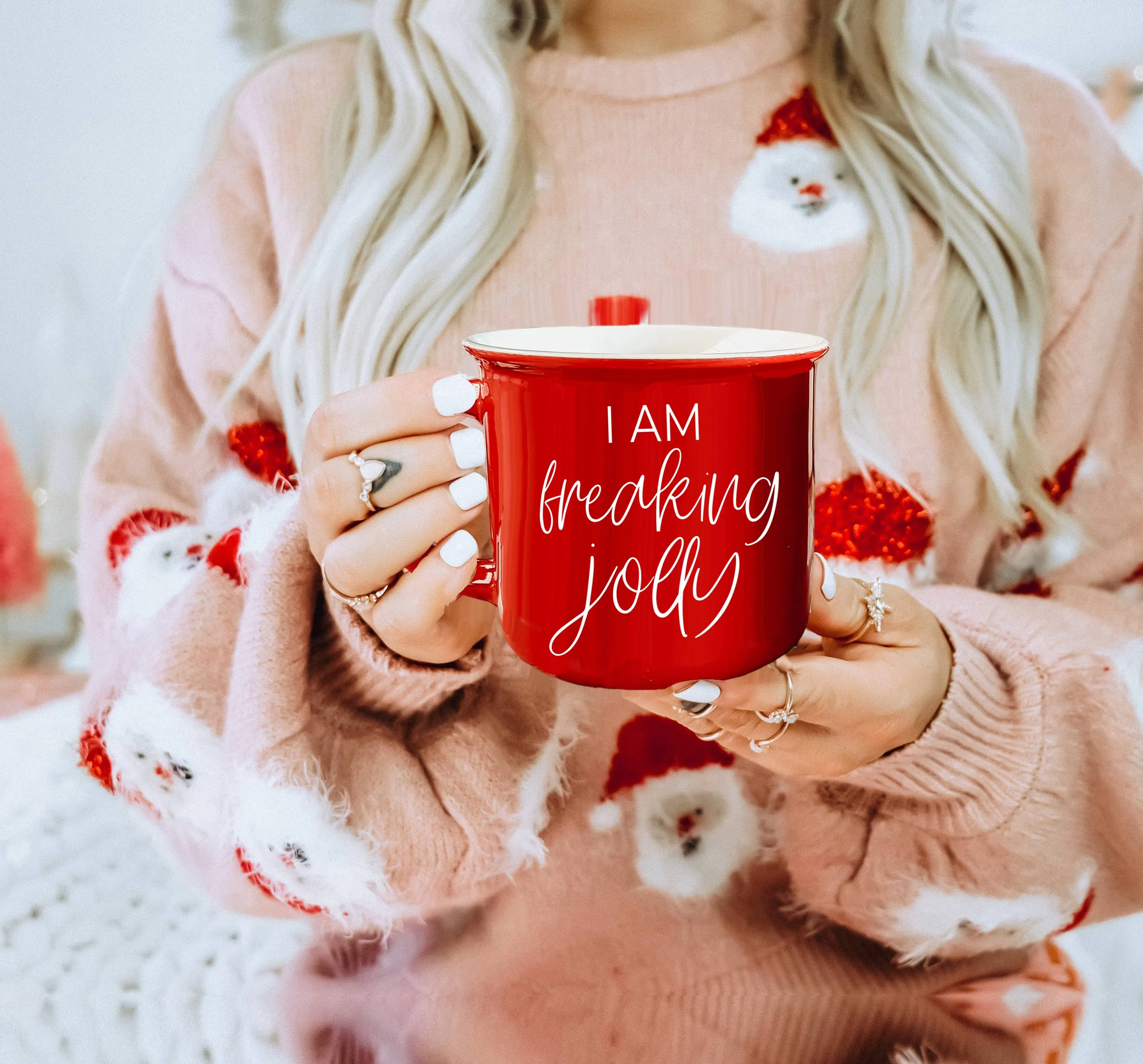 Christmas Coffee Mugs Ceramic, Red   Green Holiday Drinkware: Red Mug / Jingle Jingle