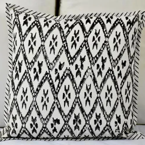 Hand Block Ikat Print Cushion Cover- Black