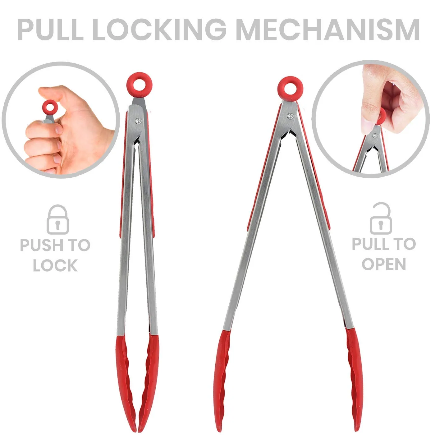 Kaluns Kitchen Tongs for Cooking Grilling Set of 4, BBQ Grill Tongs With Silicone Tip Stainless Steel Heat Resistant, Non-stick Pull Lock, Incl 7, 9, 12 Inch Tong Plus a Silicone Spatula