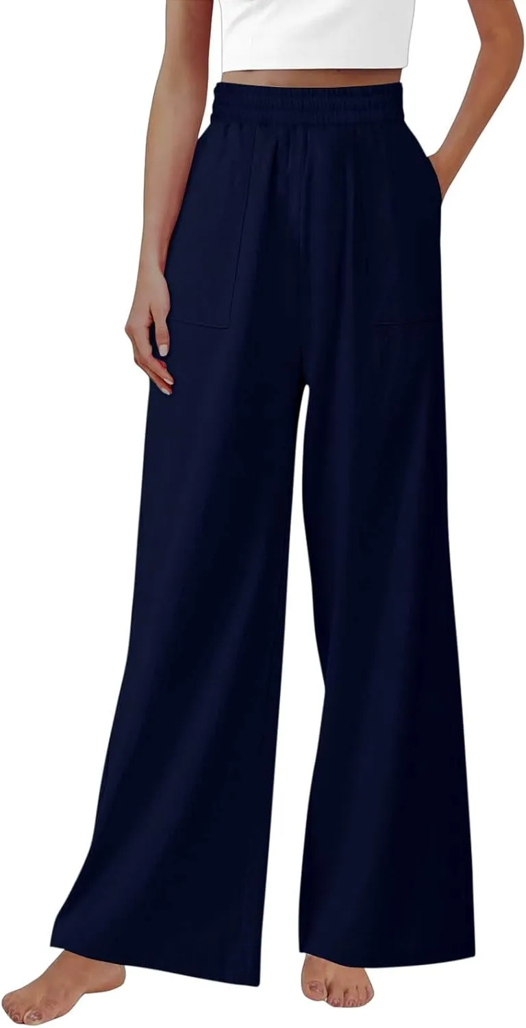 Women Cotton Linen High Elastic Waist Casual Pants, Summer Loose Wide Leg Trousers Comfy Breathable Clothes with Pockets