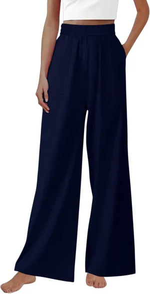 Women Cotton Linen High Elastic Waist Casual Pants, Summer Loose Wide Leg Trousers Comfy Breathable Clothes with Pockets