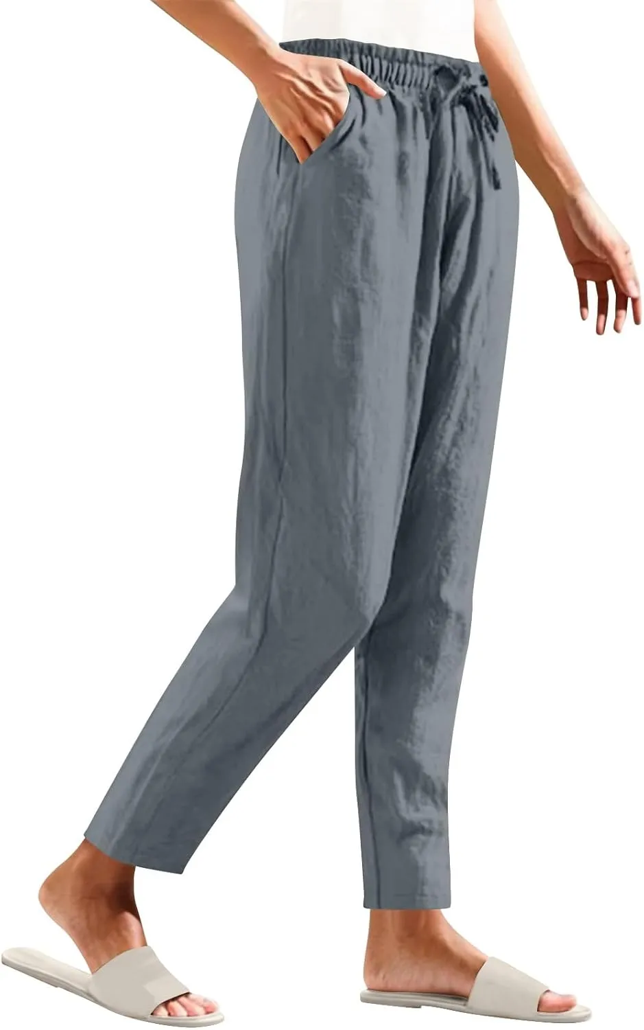 Womens Cotton Linen Pants Drawstring Elastic Waist Straight Leg Loose Fit Summer Trousers Palazzo Pants with Pockets