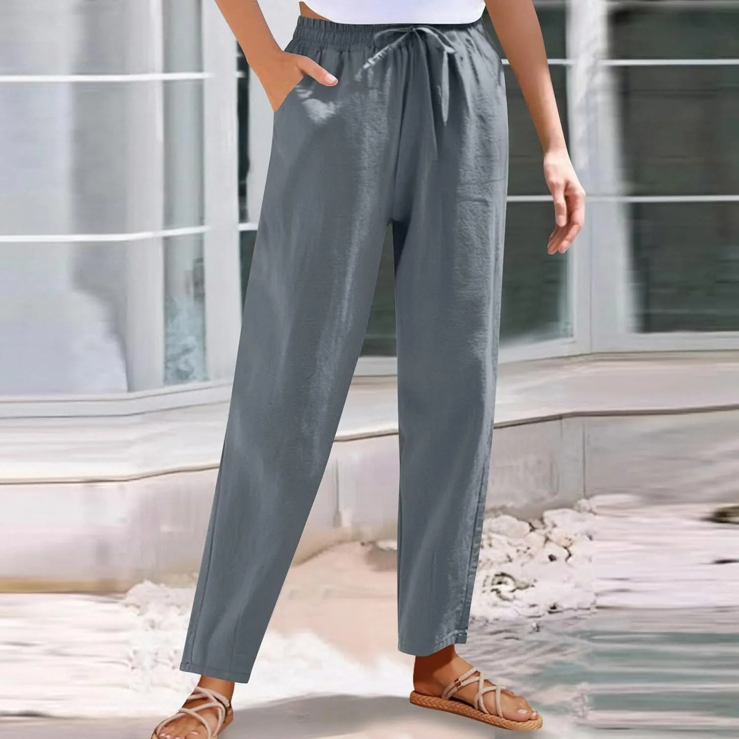 Womens Cotton Linen Pants Drawstring Elastic Waist Straight Leg Loose Fit Summer Trousers Palazzo Pants with Pockets