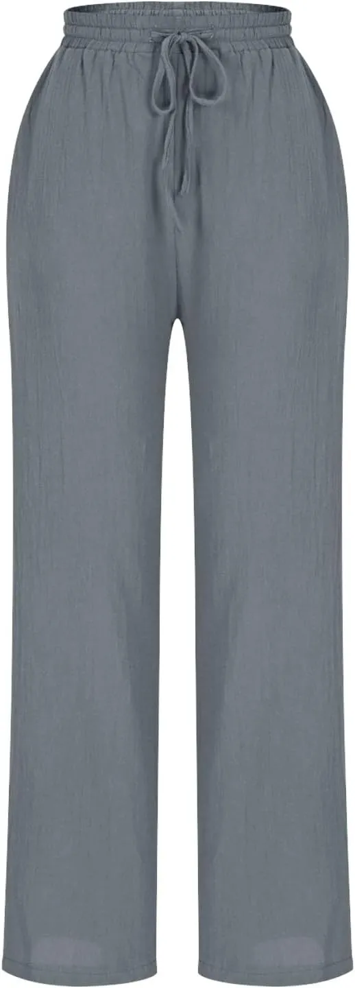 Womens Cotton Linen Pants Drawstring Elastic Waist Straight Leg Loose Fit Summer Trousers Palazzo Pants with Pockets