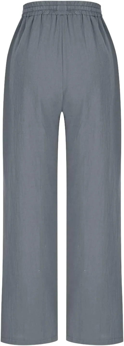 Womens Cotton Linen Pants Drawstring Elastic Waist Straight Leg Loose Fit Summer Trousers Palazzo Pants with Pockets