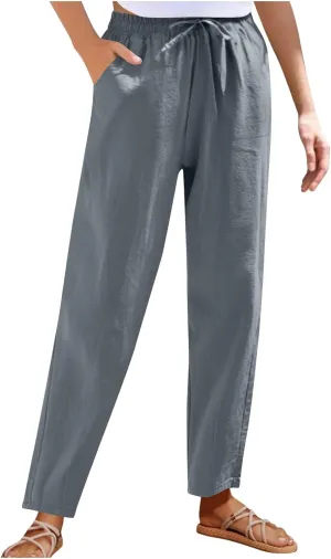 Womens Cotton Linen Pants Drawstring Elastic Waist Straight Leg Loose Fit Summer Trousers Palazzo Pants with Pockets