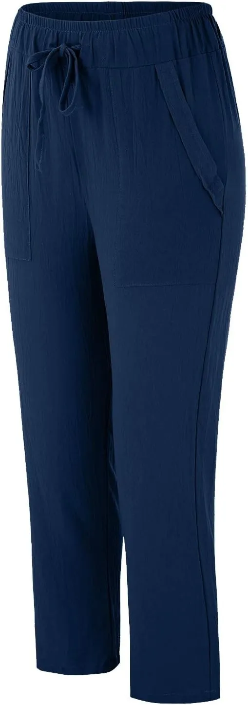 Women's Cotton Linen Trousers Solid Color High Waist Pocket Loose Fit Casual Trousers Flared Lace Pants
