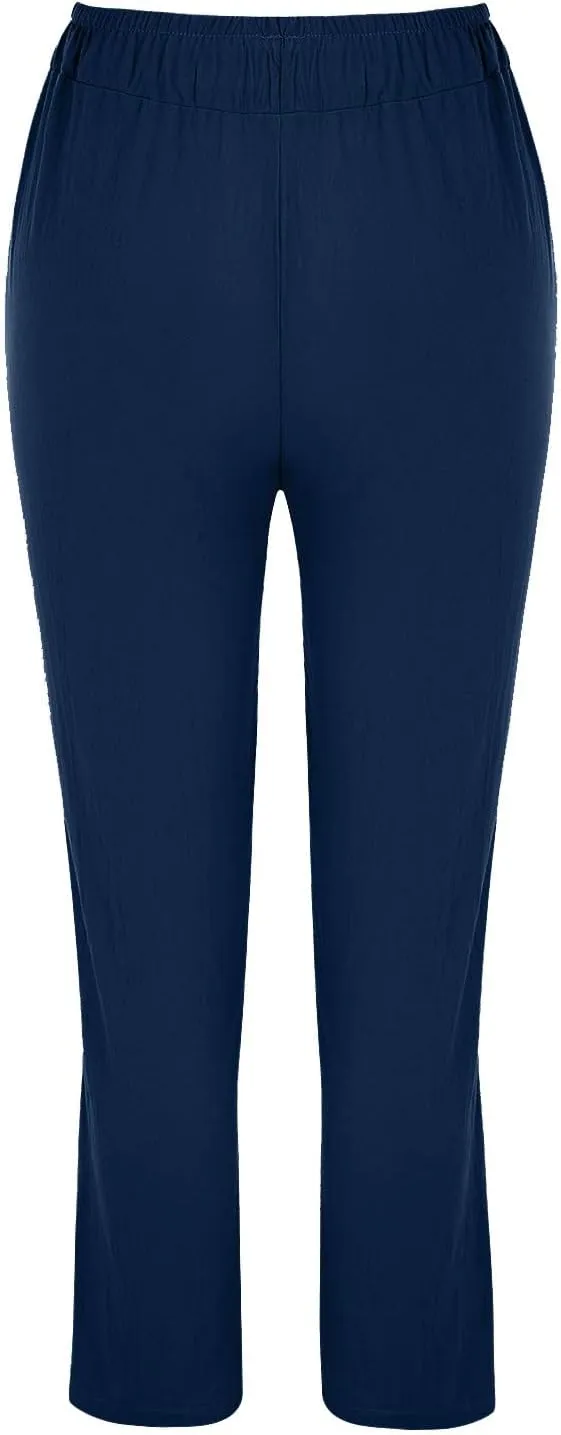 Women's Cotton Linen Trousers Solid Color High Waist Pocket Loose Fit Casual Trousers Flared Lace Pants