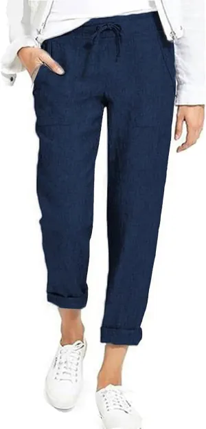 Women's Cotton Linen Trousers Solid Color High Waist Pocket Loose Fit Casual Trousers Flared Lace Pants